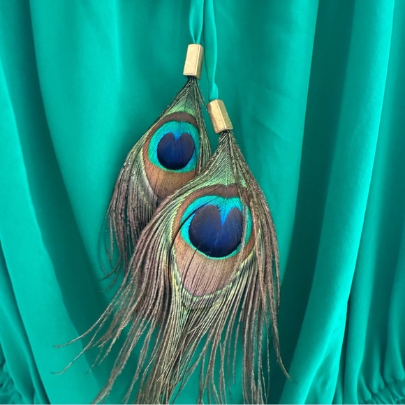 KARINA GRIMALDI 100% Silk Peacock Feather Tube Top Green Ruffle Boho Resort L - Picture 4 of 10